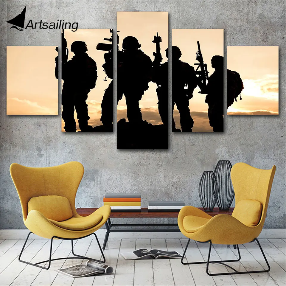 HD Printed 5 Piece Canvas Art contribute to Army Soldier Sunset