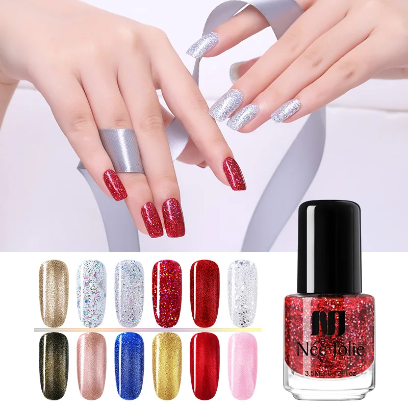 

NEE JOLIE Glitter Sequins Nail Polish Fast Dry Red Gold Sliver Colors Shinning Nail Art Varnish DIY Decoration Lacque Manicur