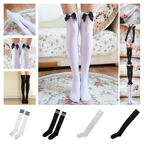 1Pair Girls Over The Knee High Stockings Chic Striped Stretchy Tights Bows Stockings For Female Ladies