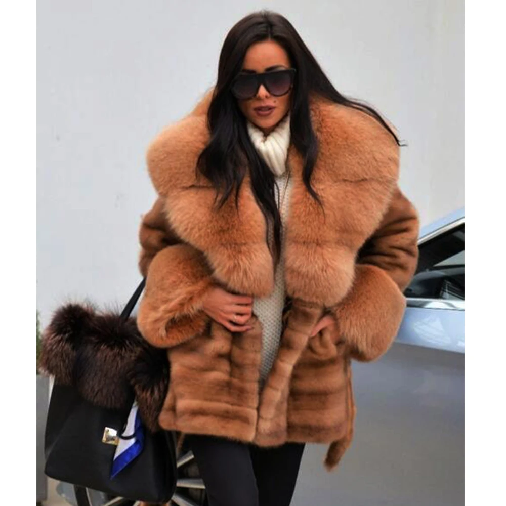 Fluffy Manteaux De Importer Ceinture Avec Fox Pardessus D'hiver Col Véritable Fourrure Pelt Chaud Light Manuel Coffee Vison Femmes Mode Complet Réel wFgY8