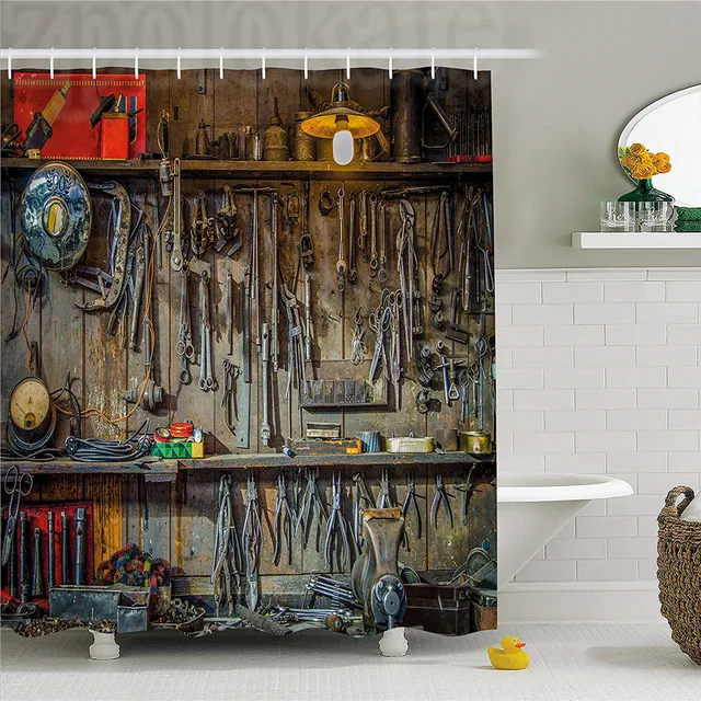 Man Cave Decor Shower Curtain, Vintage Tools Hanging On A Wall In A Tool Shed Fixing