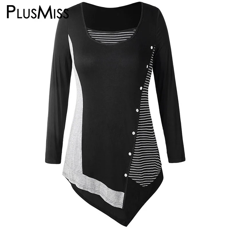 PlusMiss размера плюс 5XL с ассиметричными полосками с длинным рукавом Футболки XXXXL XXXL XXL популярной модели, большие Размеры Повседневное длинная туника футболки Для женщин - Цвет: Черный