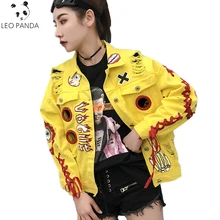 Демисезонный джинсовая куртка Для женщин модная одежда с длинным рукавом с рисунком, на шнуровке Ковбойское пальто размытый Желтый Женская Джинсовая Верхняя одежда H229