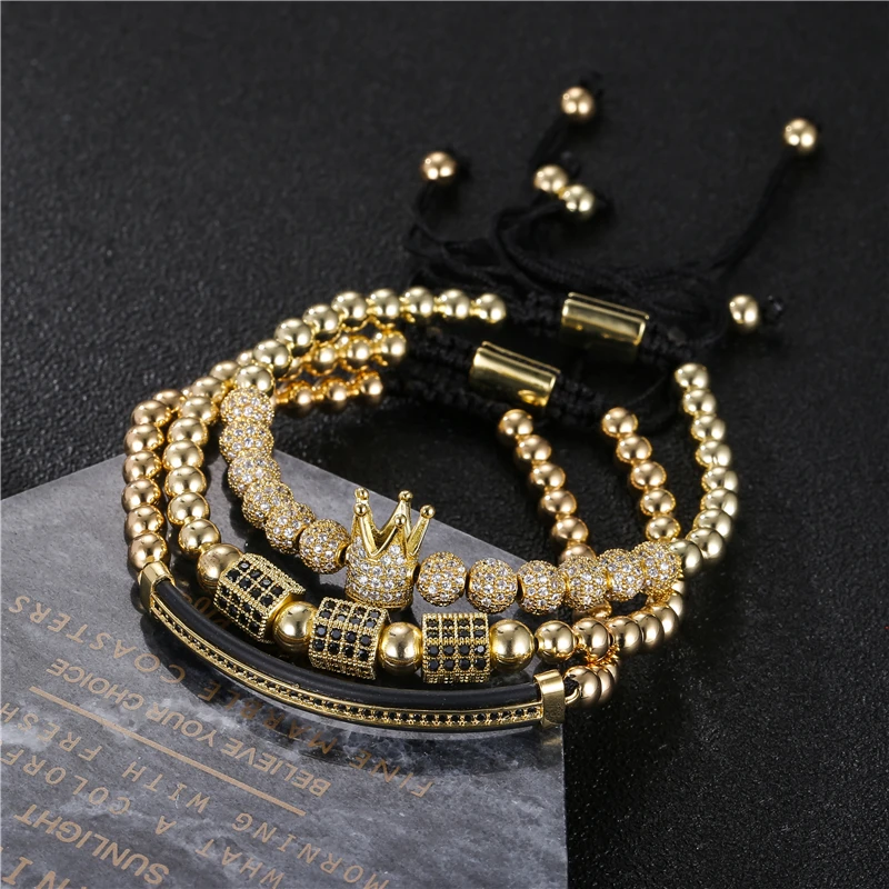 

3pcs/set Men Women Gold Hip Hop Bracelet Jewelry CZ Moon Crown Charms Macrame Beads Bracelets Sets for women pulseira masculina