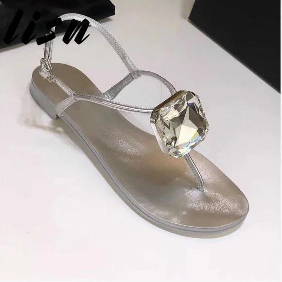 

LISN New Brand Luxury Silver Gold Genuine Leather Crystal Diamond Summer Sandals Open Toe Buckle Strap Ladies Shoes Women