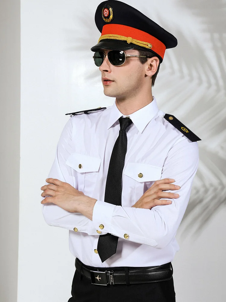 Новая железнодорожная форма мужской костюм Деловые комбинезоны рубашки полета плюс размер белая приталенная рубашка с длинными рукавами Светоотражающая одежда