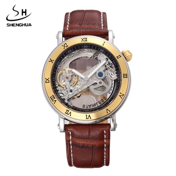 

2017 SHENHUA Gold Hollow Automatic Mechanical Watches Men Luxury Brand Leather Strap Casual Vintage Skeleton Watch Clock relogio