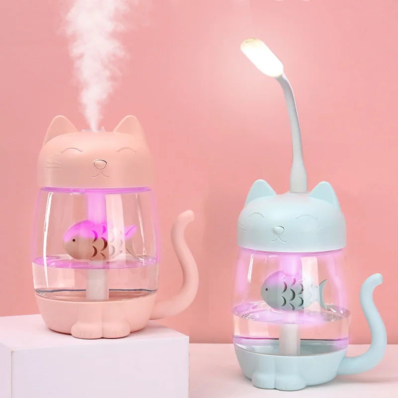 

LED Light 350ML USB Cat Air Humidifier 3 in 1 Ultrasonic Cool-Mist Adorable Mini Humidifier With Mini USB Fan for Home office