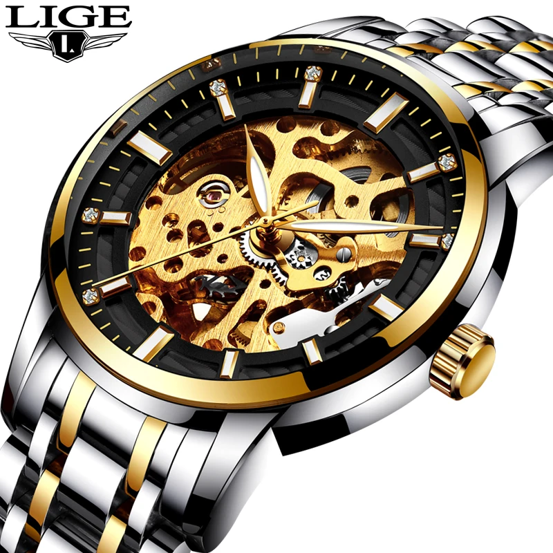 

LIGE Mens Watch Top Luxury Brand Business Automatic Machinery All Steel Hollow Waterproof Fashion Sports Watch Relogio Masculino