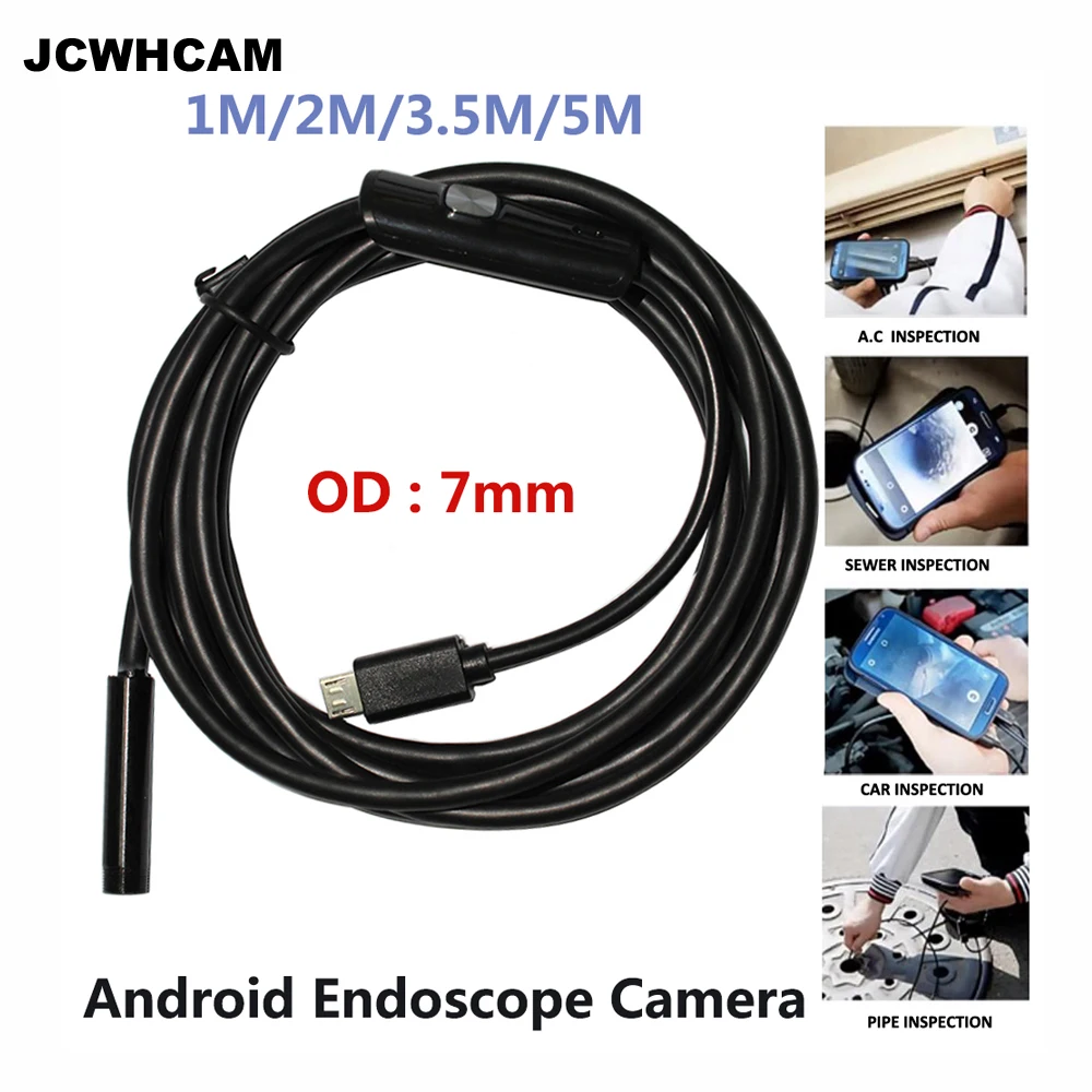 Jcwhcam 7 мм фокус Объективы для фотоаппаратов 1 м/1.5 м/2 м/3.5 м/5 м Водонепроницаемый 6 LED Android эндоскопа мини USB кабель эндоскопа инспекционной