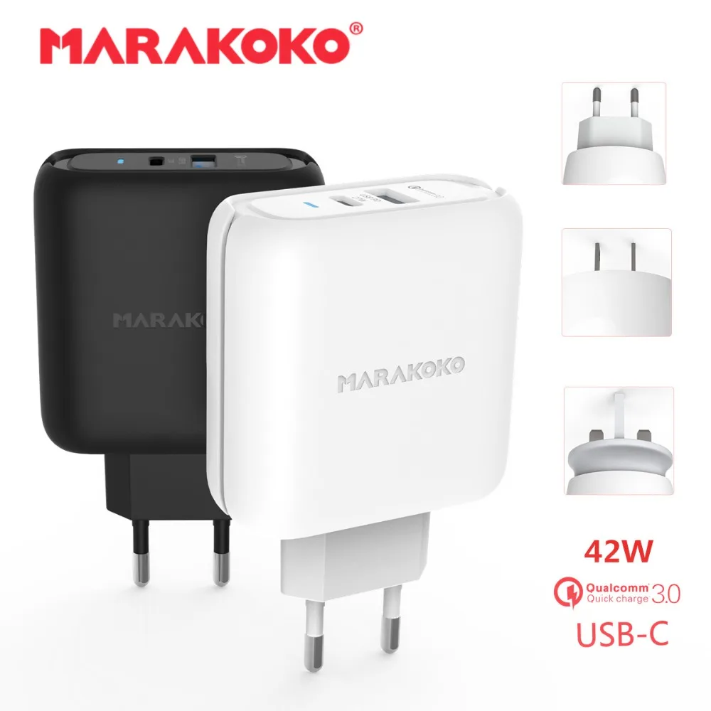 

Marakoko MA28 42W Fast USB Wall Charger USB-C PD3.0 Type C Port and Quick Charger 3.0 EU US UK Plug for iPhone7 for Samsung S8