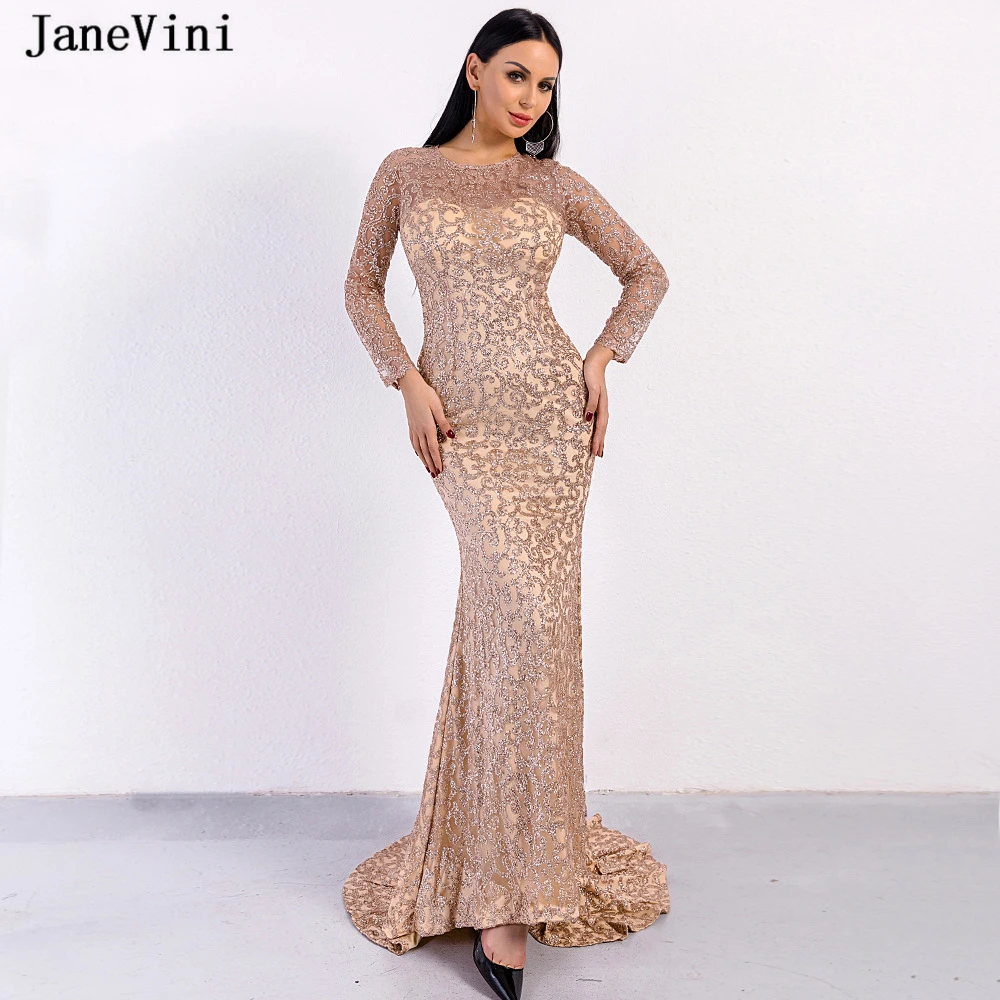JaneVini Sparkle Дубай розовое золото вечерние платья с длинными рукавами 2019 Русалка О