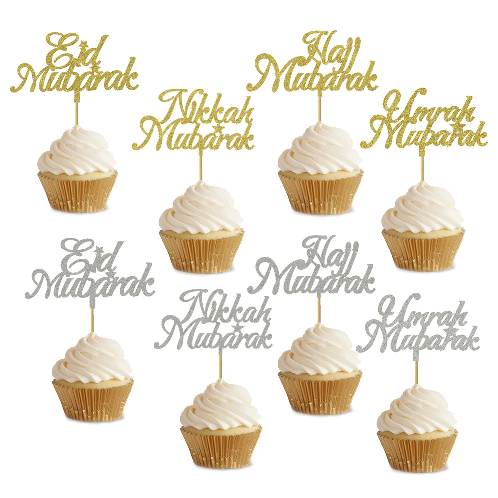 

20pcs 3x5Inch Eid Cupcake Topper Nikkah Mubarak Eid Mubarak Hajj Mubarak Umrah Mubarak Cupcake Topper For Eid al-Fitr Decoration