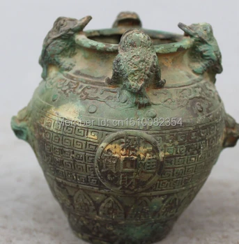 

4" Marked Chinese Bronze Dragon Head Wealth Golden Toad Spittor Pot Jar Crock