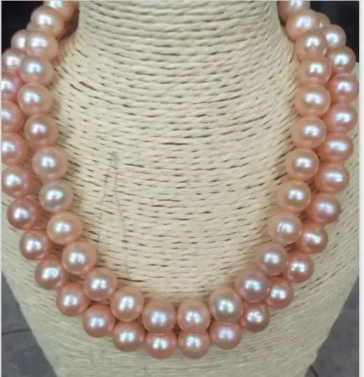 

double strands 12mm round south sea gold pink pearl necklcace 18"19"14KGP