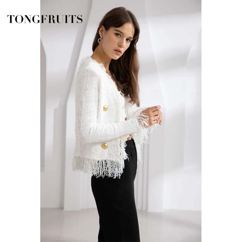 Fashion Long Sleeve Coats Gold Double Row Button Slim Casual Autumn Women Jacket Tassel Coat Female Outwear white High Quality
