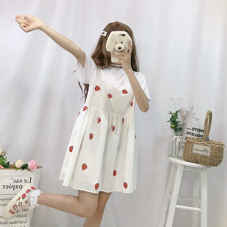 Милое милое платье с принтом клубники и высокой талией женские милые платья Kawaii