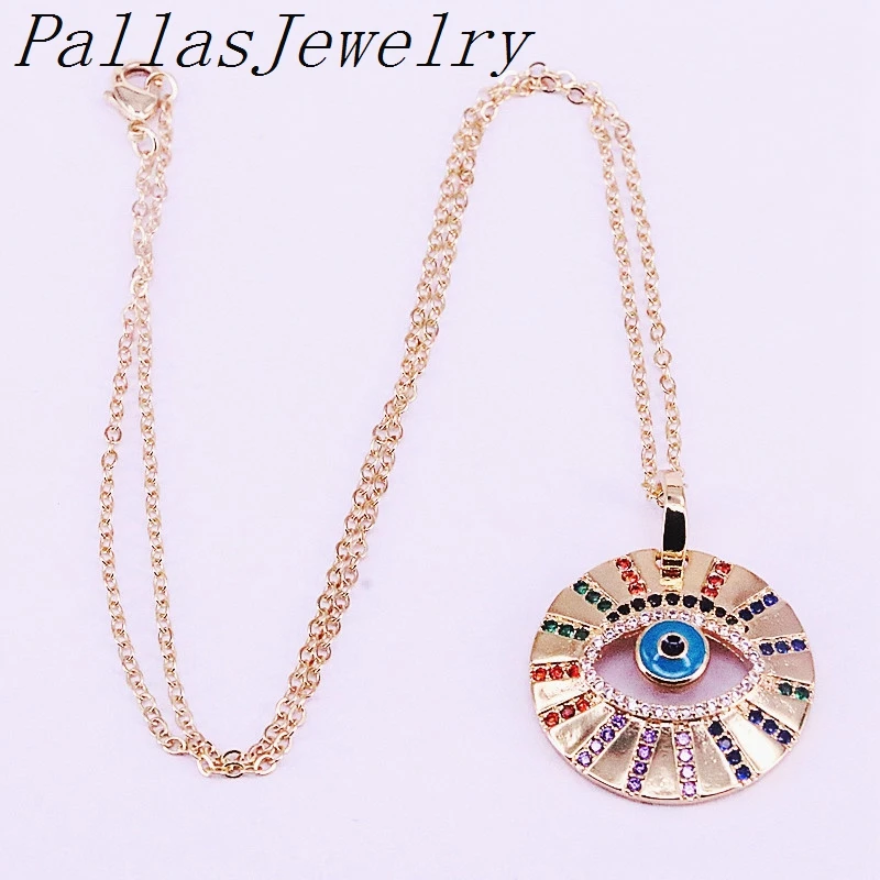 

10Pcs Gold Filled Multi Colorful CZ Micro Paved Sparking Eye Pendant Necklaces Women Jewelry
