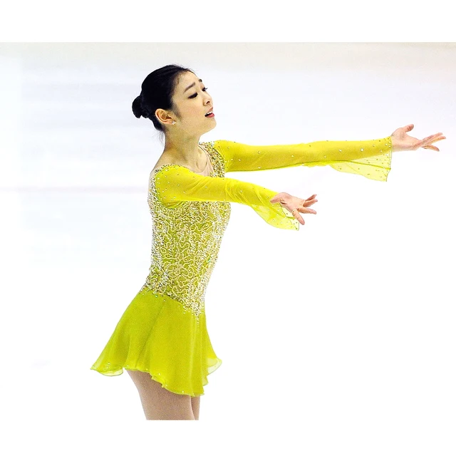 Cheap Customized Costume Ice Figure Skating Gymnastics Dress Competition Adult Child Girl Skirt Performance Yellow Body Rhinestone