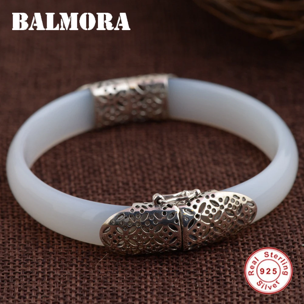 

BALMORA 925 Sterling Silver Chalcedony Bangles for Women Mother Gift about 18cm Bracelet Silver Jewelry Accessories MN50096