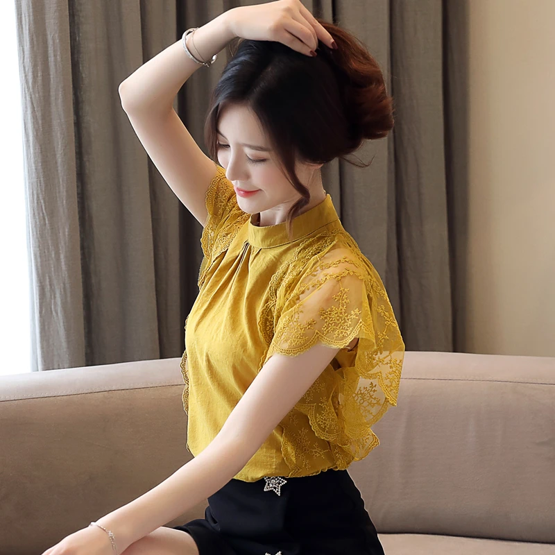 Dingaozlz الصيف 2019 جديد الدانتيل خياطة الشيفون قميص أنيقة قصيرة الأكمام الإناث قمم عارضة المرأة بلوزة Blusa