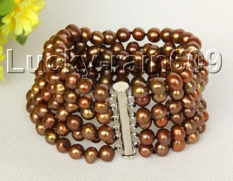 

FREE SHIPPING HOT sell new Style >>>>Genuine 6row 8" 7mm coffee pearls bracelet magnet clasp E8723