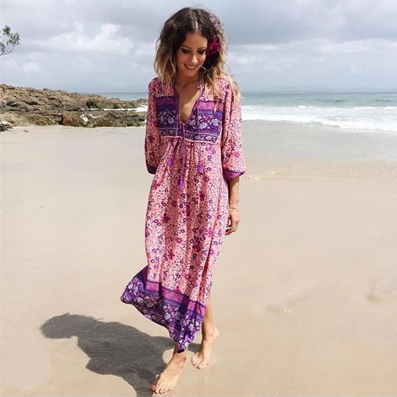TEELYNN pink boho dress rayon floral print long dess V-neck long sleeve tassel women dresses 2018 autumn bohemia femme dresses TEELYNN pink boho dress rayon floral print long dess V-neck long sleeve tassel women dresses 2018 autumn bohemia femme dresses