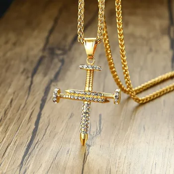 

ZORCVENS Men's Stainless Steel Nail Cross Charm Pendant Necklace Gold Tone Stainless Steel colar masculino with CZ Stone