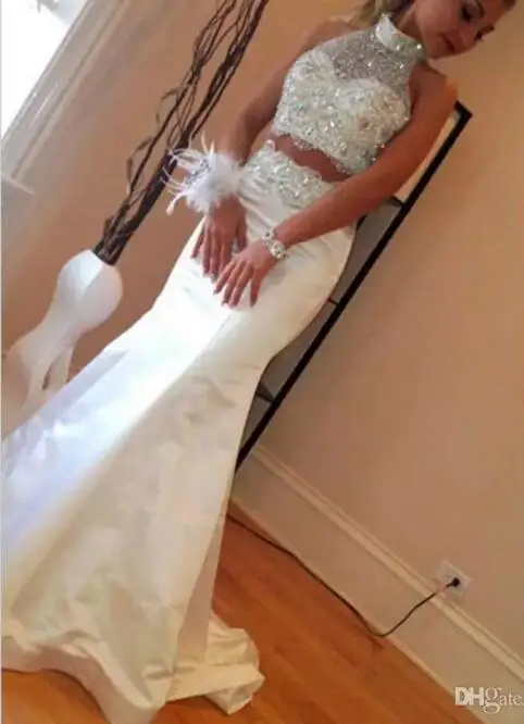 

Mermaid 2 Pieces Prom Dresses 2017 High Neck Sleeveless Diamonds Beads Satin Floor Length Sparkly evening Party Gowns Custom