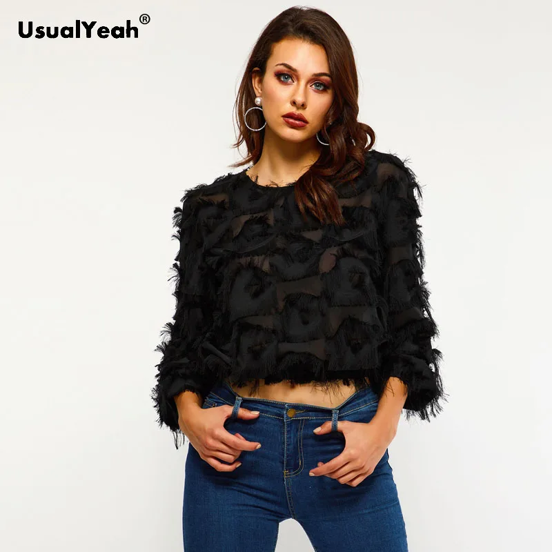 

USUALYEAH Black Tassel Blouse Fashion Women O Neck Fringe Patch Sexy Spring Autumn Womens Tops and Blouses Elegant Crop Tops