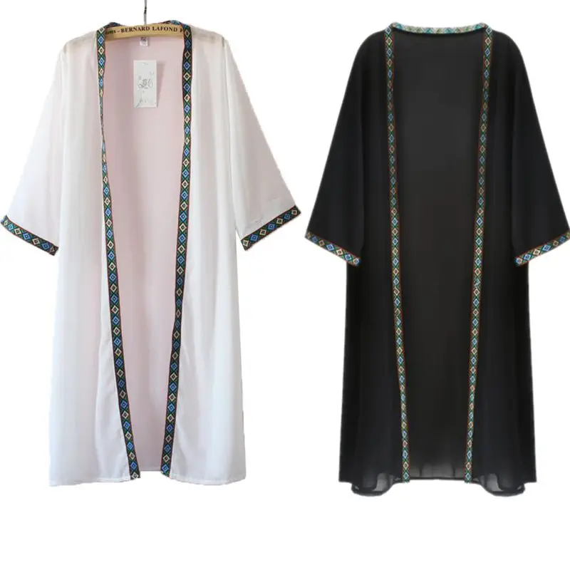

Womens Chiffon Sunscreen Swimsuit Cover Up Sheer Open Front Kimono Cardigan Ethnic Braided Embroidered Rhombus Pattern Beachwea
