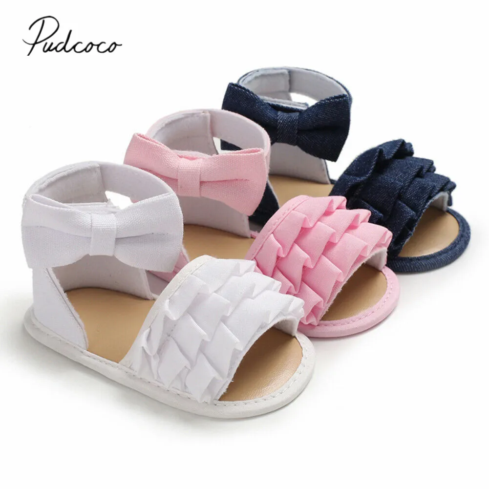 

2019 Baby Summer Shoes Sandals Baby Boys Girls Infant Soft Crib Shoes Cute Shoes Bowknot Solid Candy Color Ruffled Sandals 0-18M