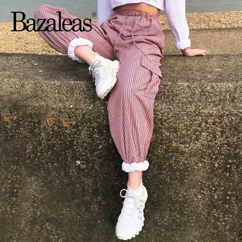 Bazaleas брюки с высокой талией уличная эластичная талия с цепочкой брюки шотландская красная печать женские боковые карманы перевозка брюк