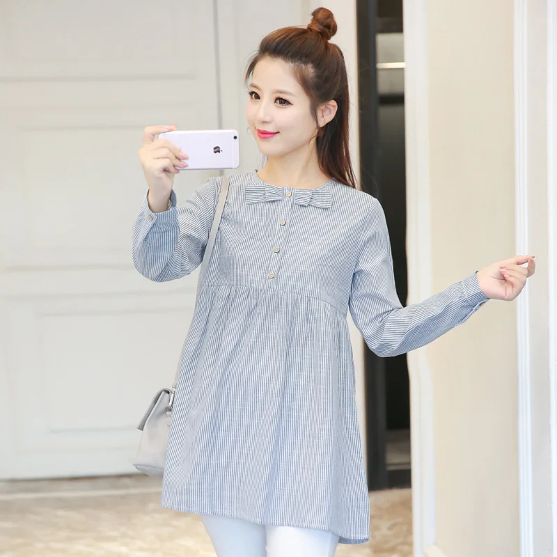 

2019 Spring/Autumn Maternity Bowknot Striped Shirts Plus Size Long Sleeve High Waist Pregnant Women Cotton Linen Blouses Sweet