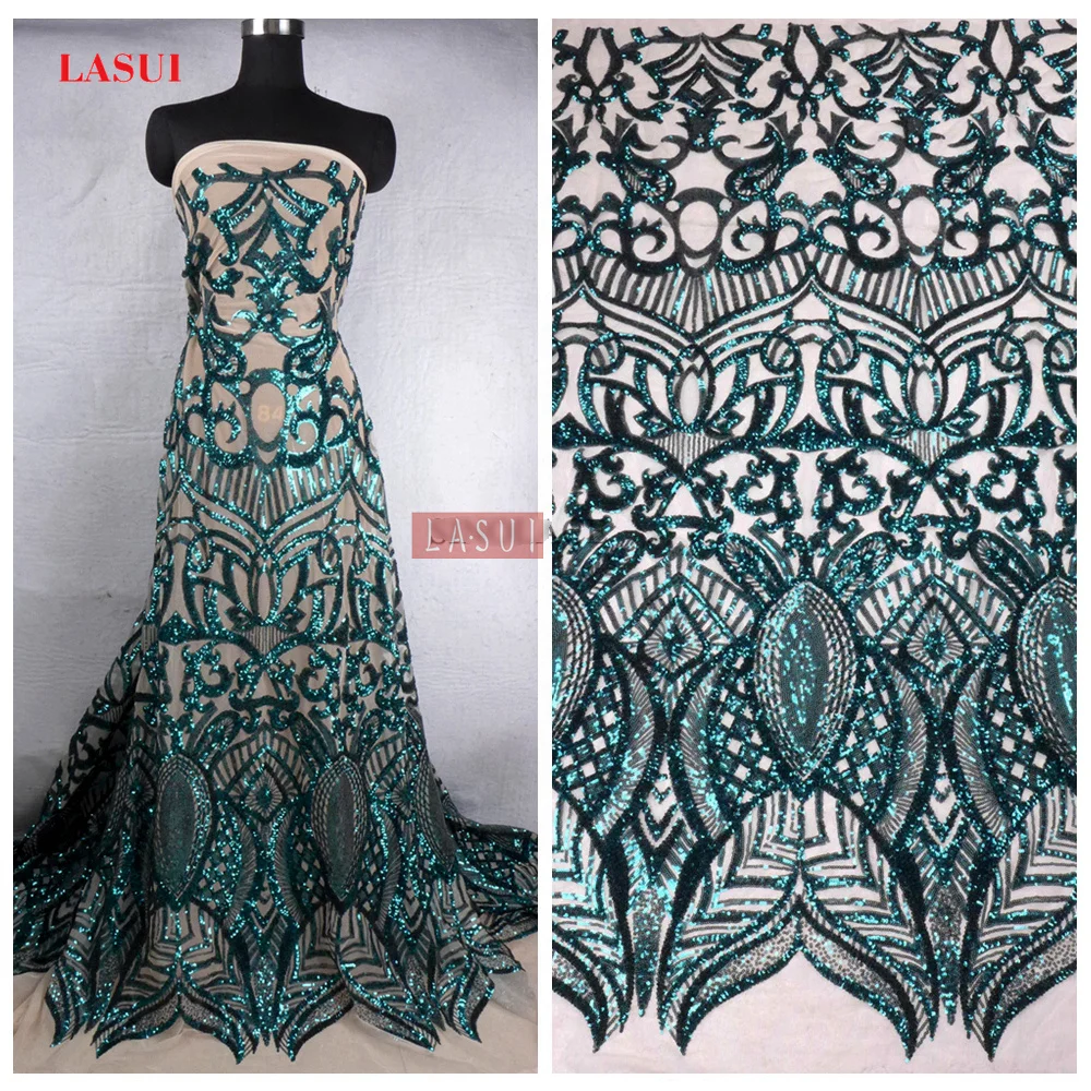 

LASUI 4 colors Sequins embroidered mesh lace DIY wedding dress fabric high-end evening dress W0031