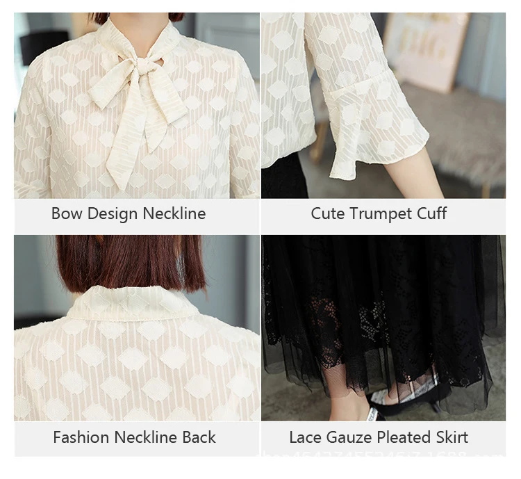 Trumpet Cuff Half Sleeve Bow Neckline Elegant Blouse Black Gauze Skirt Women 2 Piece Set Suit Summer Spring (9)