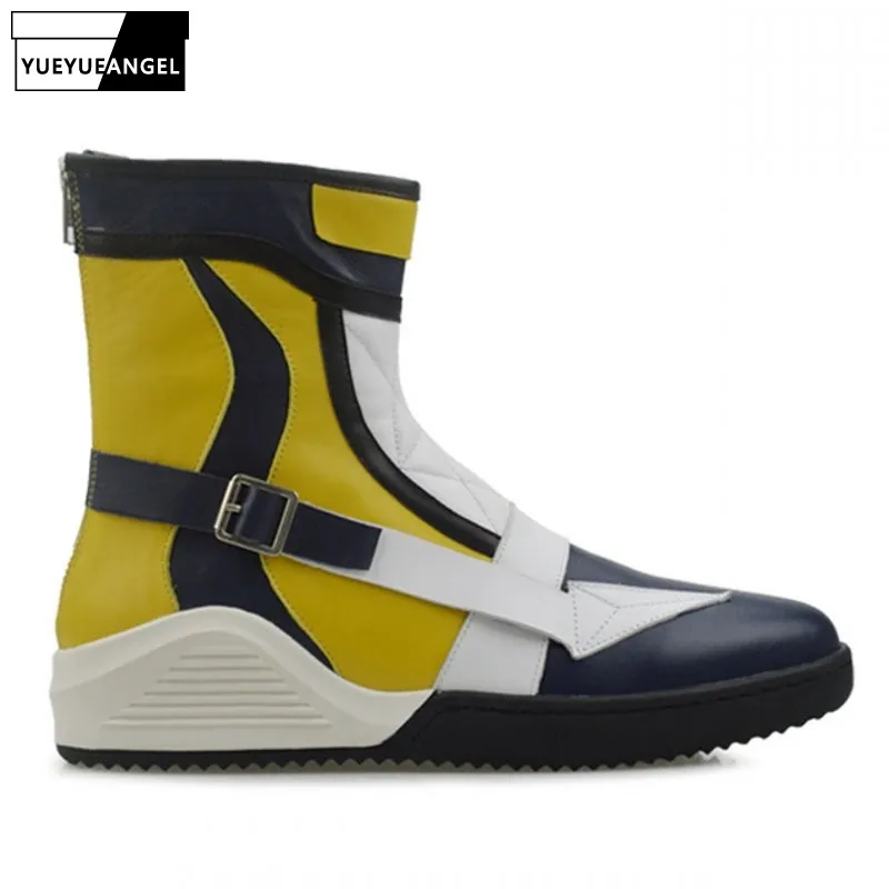 

Men Boots Yellow Patchwork Genuine Leather Sneakers Luxury Fashion Winter Round Toe Snow Boots Casual Zip Flats Shoes Footwear
