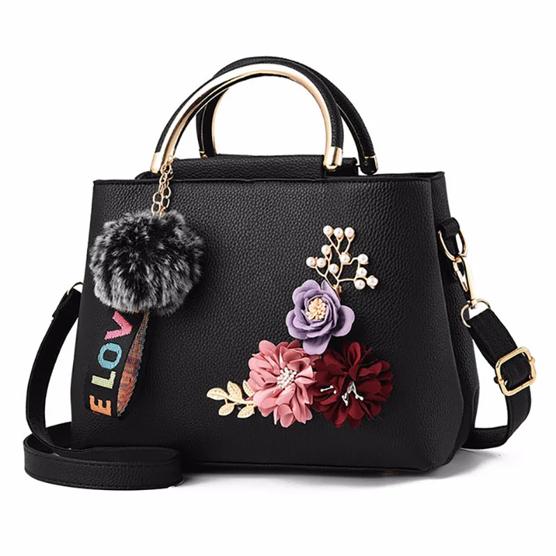 

2018 Ladies Bag New Pu Fashion Three-Dimensional Embroidered Flower Iron Handle Bag Shoulder Messenger Bag