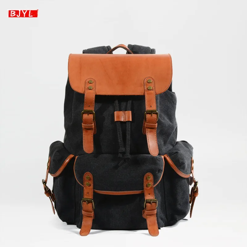 

Military wind Men backpack waterproof wax canvas with leather retro large capacity mountaineering bag computer travel backpacks