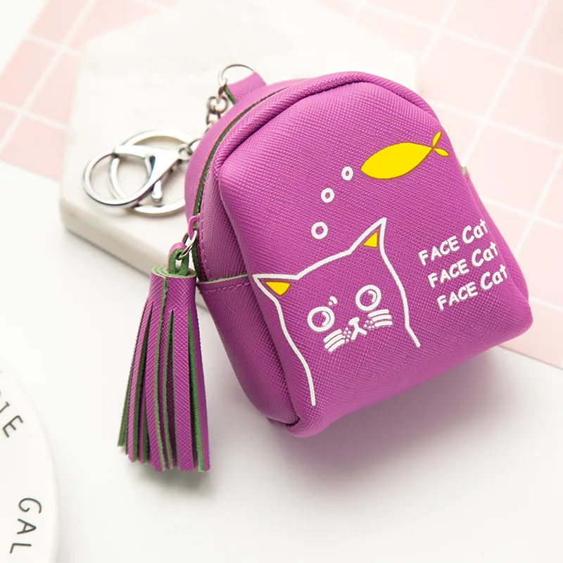 Креативный кошелек из искусственной кожи на молнии для монет, Модный женский кошелек, кошелек с мультяшными животными, Сумочка с кистями, маленькие кошельки для монет, сумки для ключей - Цвет: Purple cat