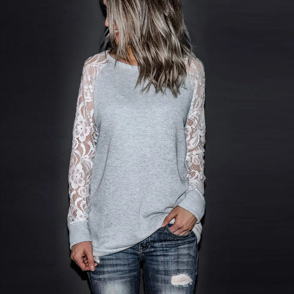 

Fashion Womens Casual Lace Long Sleeve Blouse O-Neck Pullover Shirt Blouse Tops Casual loose ladies clothes streetwear