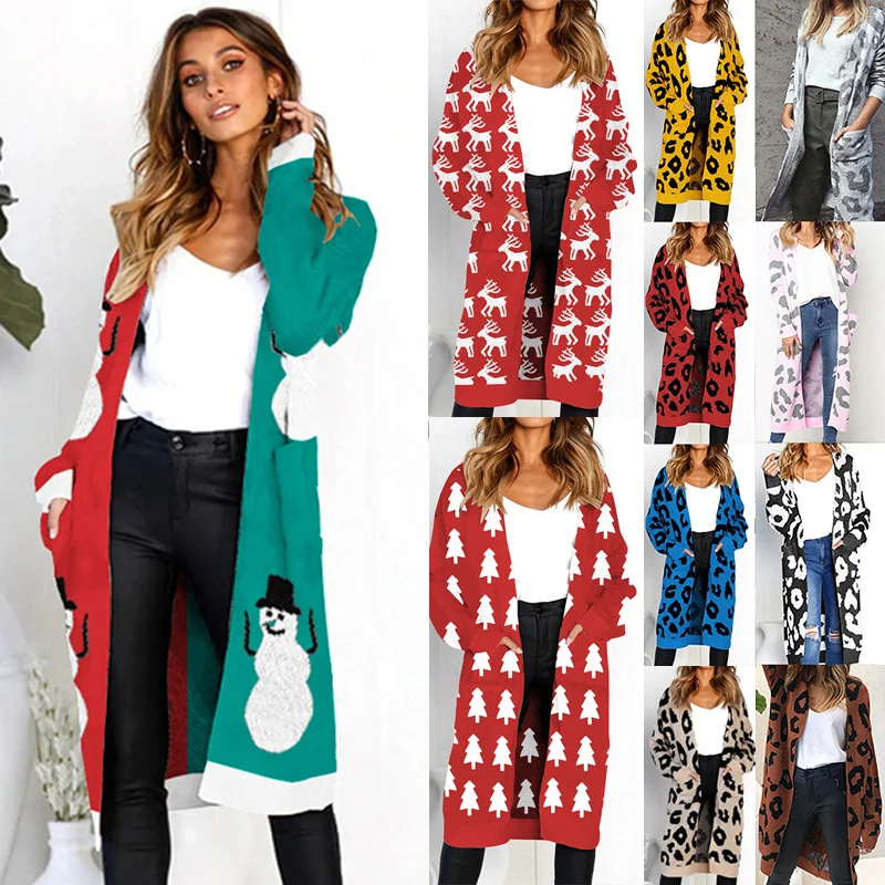 2019 осенний длинный кардиган женский длинный трикотажный свитер Леопардовый принт длинный рукав карман трикотаж Верхняя одежда женские