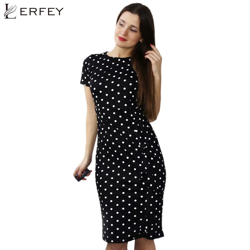 Women Dress Summer Frill Asymmetircal Work Bussiness Pencil Dot Dresses Knee Length Fashion Plus Size 4XL