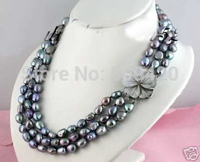 

Free Shipping >beautiful 3row baroque black FW pearl necklace shell flower
