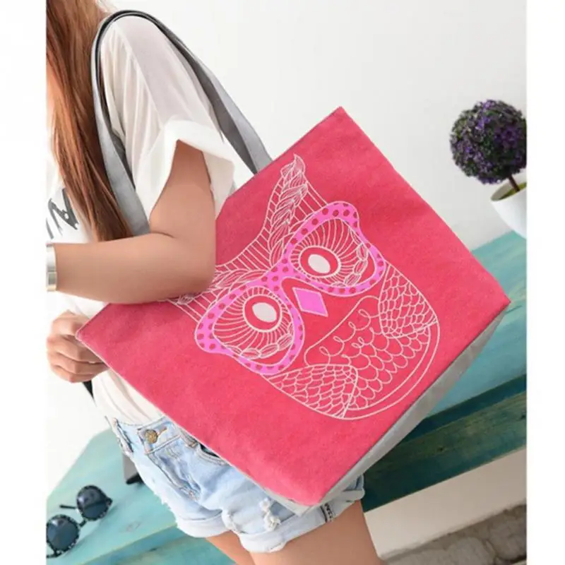 

2018 Women Canvas Shopping Bag Cute Cartoon Owl Pattern Tote Female Daily Use Grocery Bag Eco friendly Beach Bag for Ladies