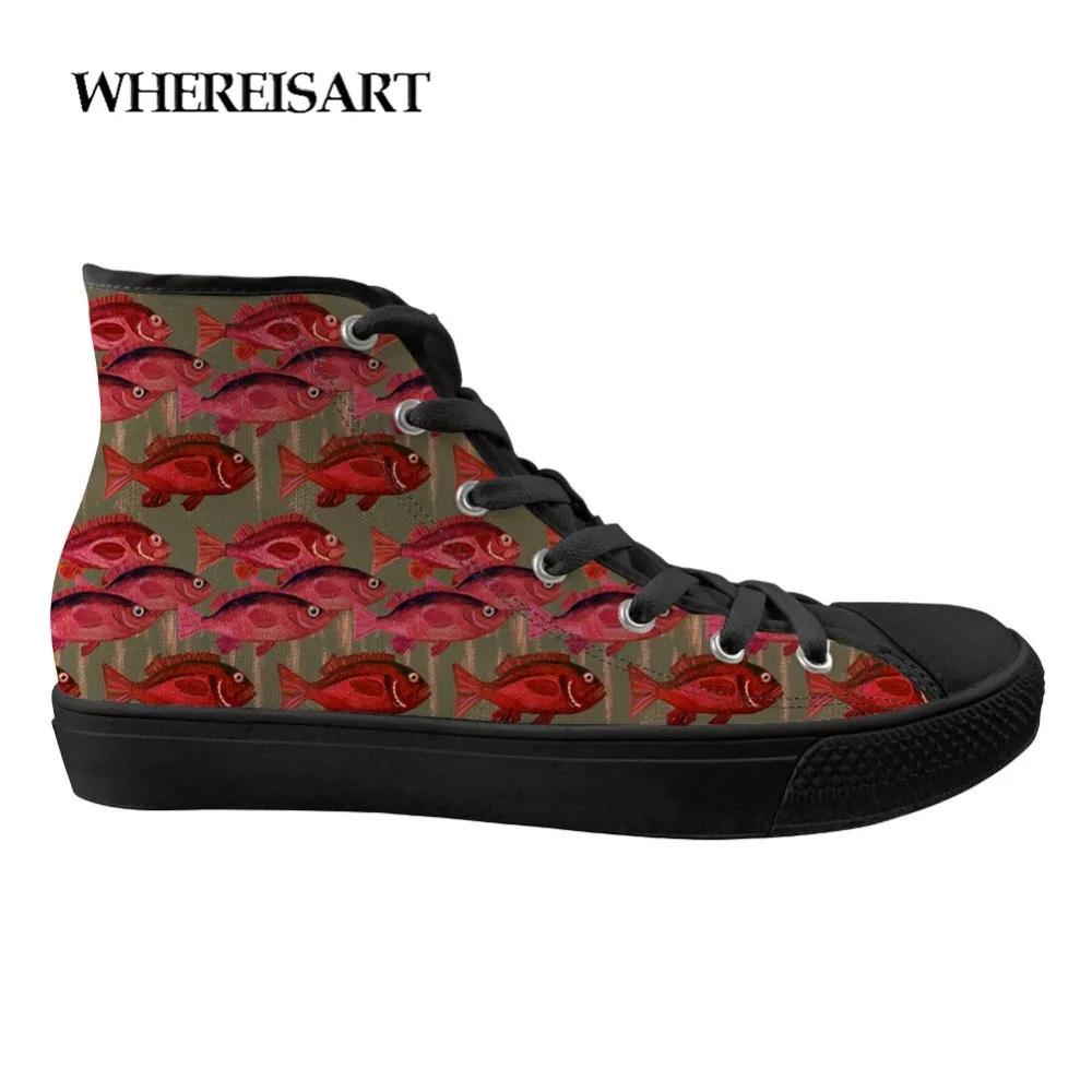 

WHEREISART Men's Vulcanized Shoes Red Fish School Stationery Print Men's High Help Casual Breathable Men Zapatos Mujer