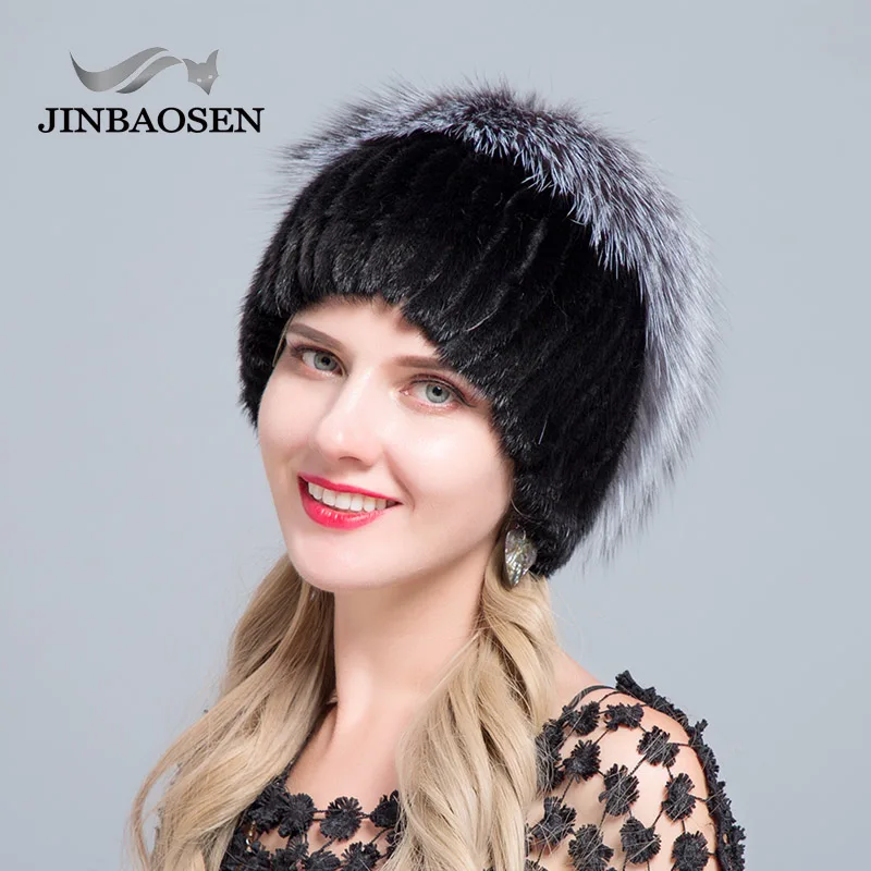 JINBAOSEN, горячая Распродажа, русская меховая шапка, выдра с лисой, комбинированная с мехом, модная шапка, вязаная шерстяная подкладка, зимняя женская меховая Лыжная шапка - Цвет: COLOR2
