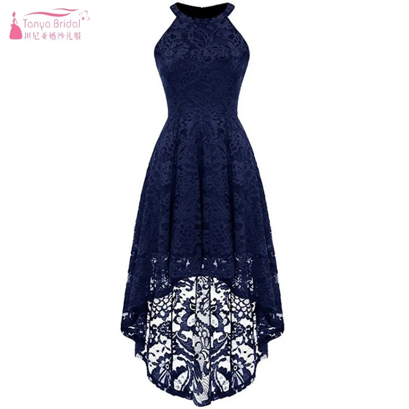 Женское кружевное платье подружки невесты темно-синее без рукавов с лямкой на