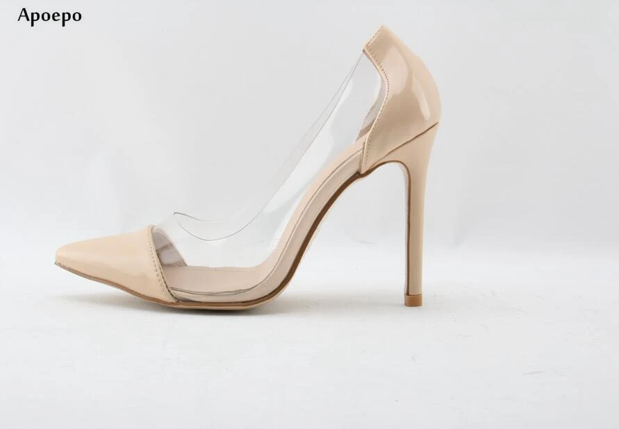 

Apopeo Sexy Transparent PVC Patchwork 2018 Pointed Toe high Heels for Woman Thin Heels Party Shoe Nude PU leather fashion pumps