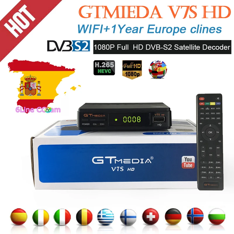 Горячая Распродажа спутниковый ТВ приемник Gtmedia V7S HD приемник Поддержка Европа Клайн для Испании DVB-S2 спутниковый декодер Freesat V7 HD